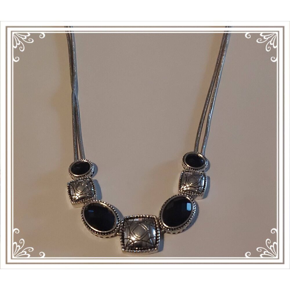Silver Etched Tiles & Black Faceted Crystal Sliders Double Snake Chain Necklace